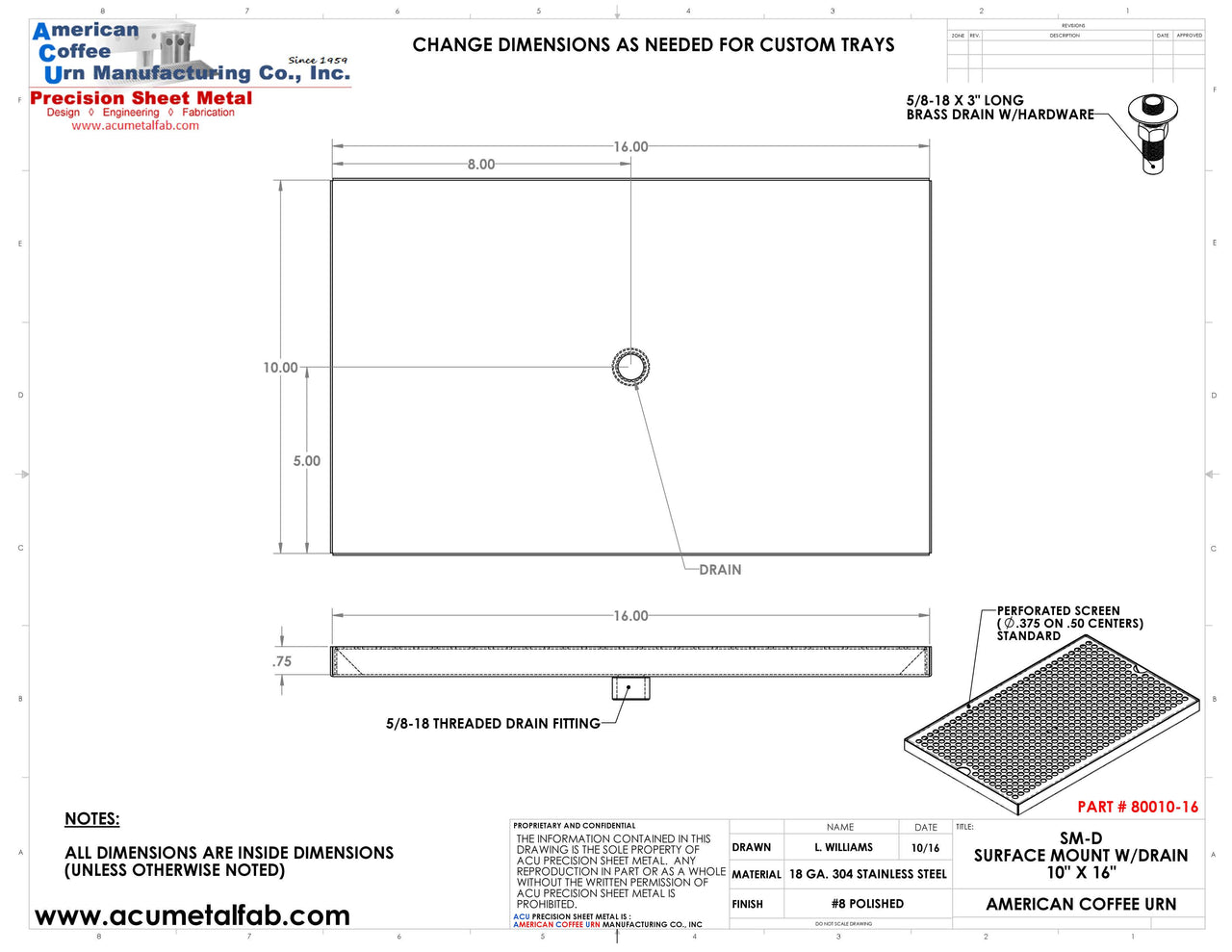 10" X 16" Surface Mount Drip Tray with Drain | S/S#8