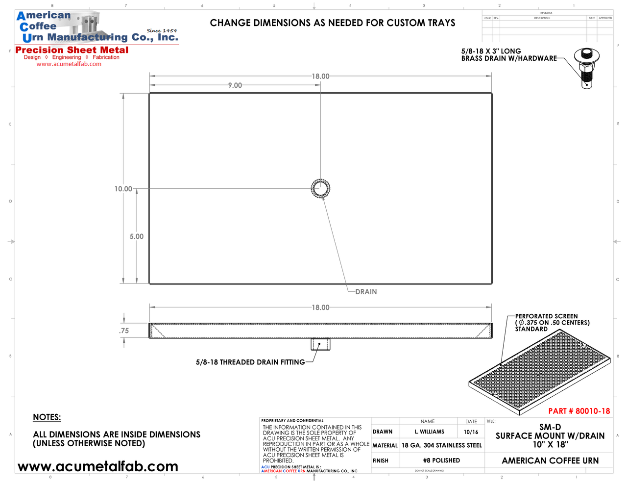 10" X 18" Surface Mount Drip Tray with Drain | S/S#8