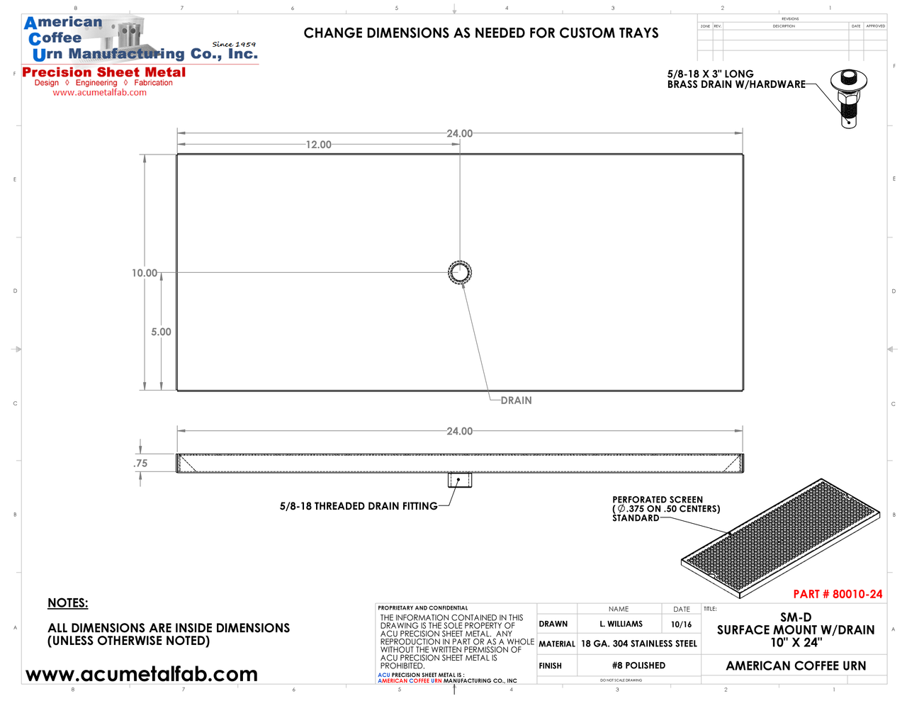 10" X 24" Surface Mount Drip Tray with Drain | S/S#8