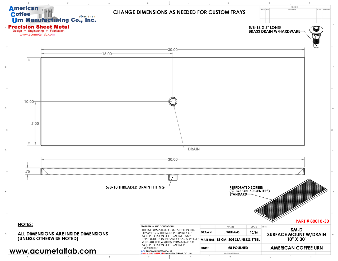 10" X 30" Surface Mount Drip Tray with Drain | S/S#8