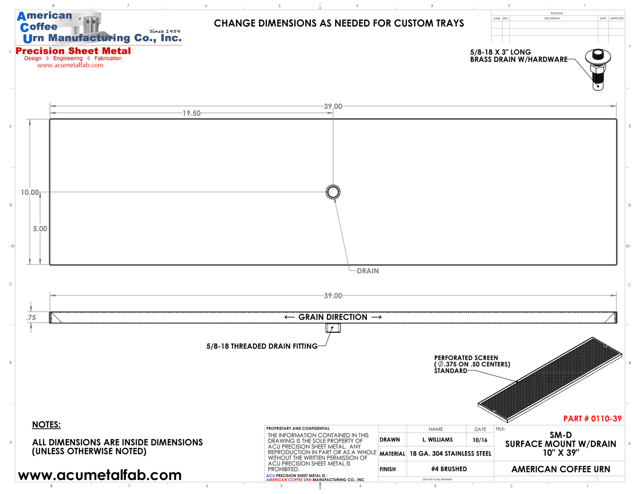 10" X 39" Surface Mount Drip Tray with Drain | S/S#4