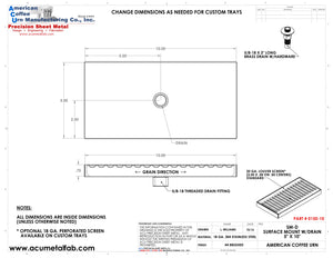 Surface Mount Drip Tray with Drain 5" X 10" X 3/4" | S/S # 4 Drawing Spec Sheet