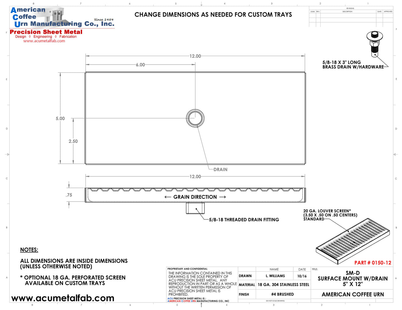 Surface Mount Drip Tray with Drain 5" X 12" X 3/4" | S/S # 4 Spec Sheet