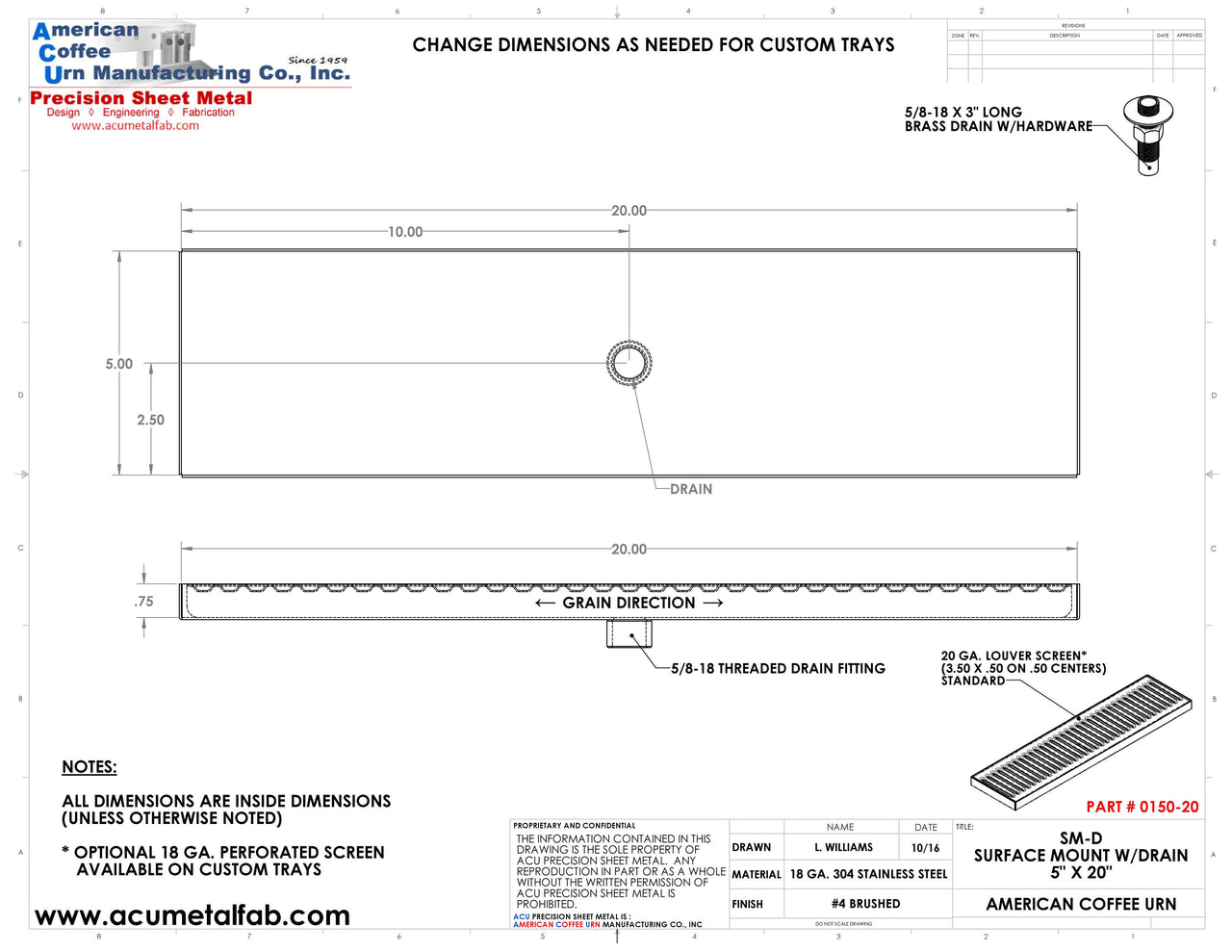 Surface Mount Drip Tray with Drain 5" X 20" X 3/4" | S/S # 4 Drawing Spec Sheet