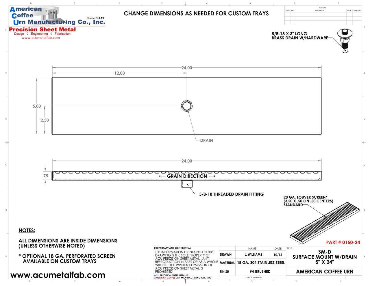 Surface Mount Drip Tray with Drain 5" X 24" X 3/4" | S/S # 4 Spec Sheet