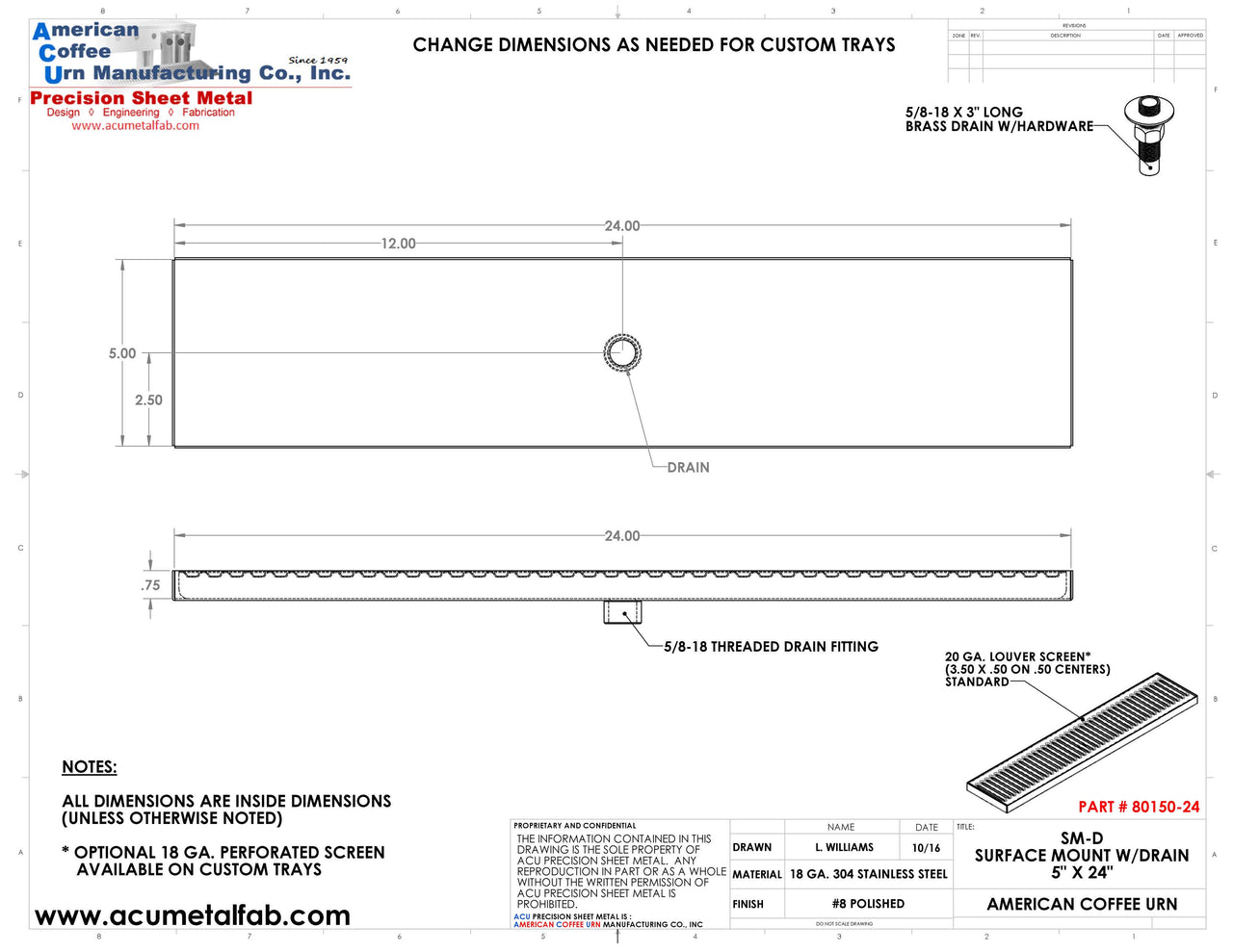 24" Mirror Polished Stainless Steel Surface Mount Drain Tray with Drain | 5" X 24" X 3/4