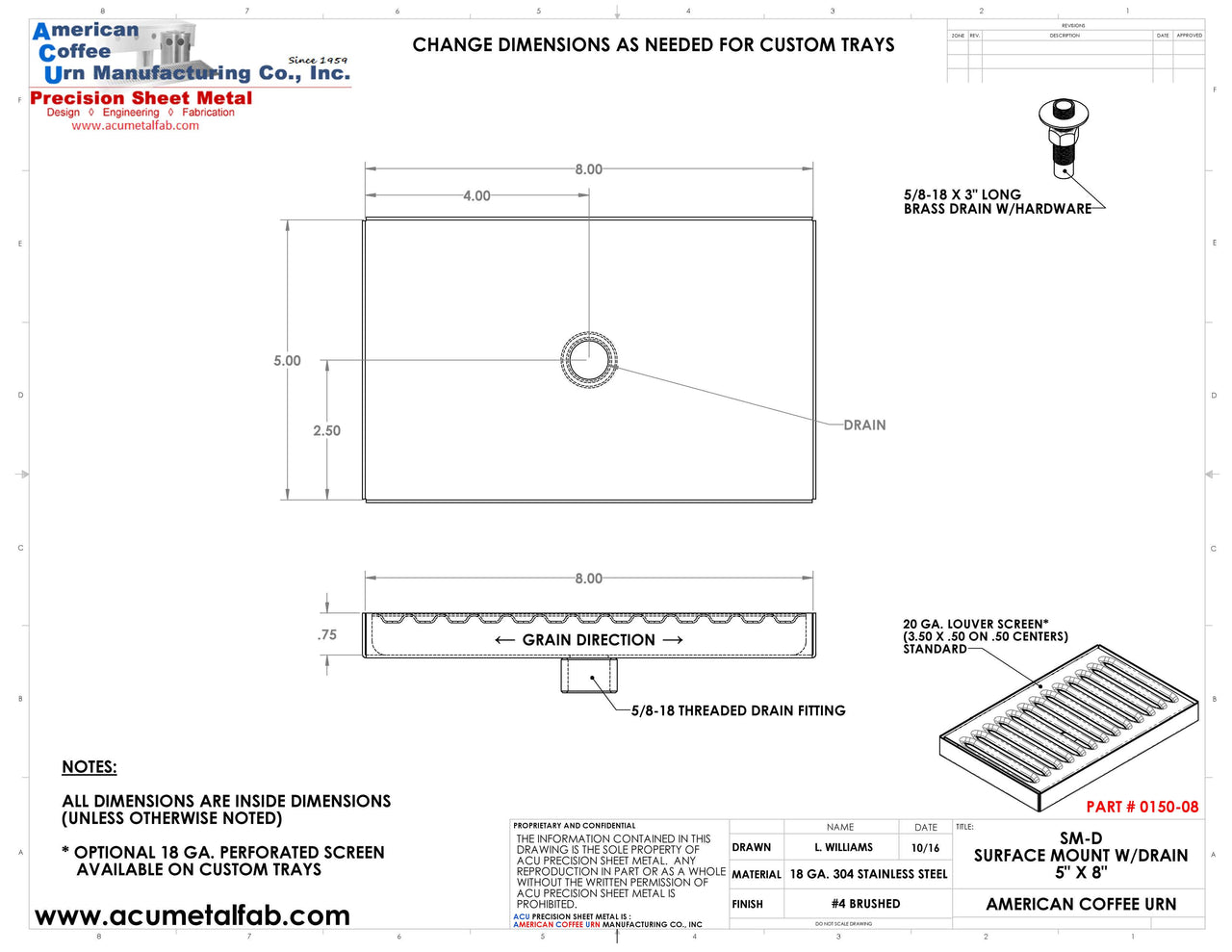 Surface Mount Drip Tray with Drain 5" X 8" X 3/4" | S/S # 4 Spec Sheet