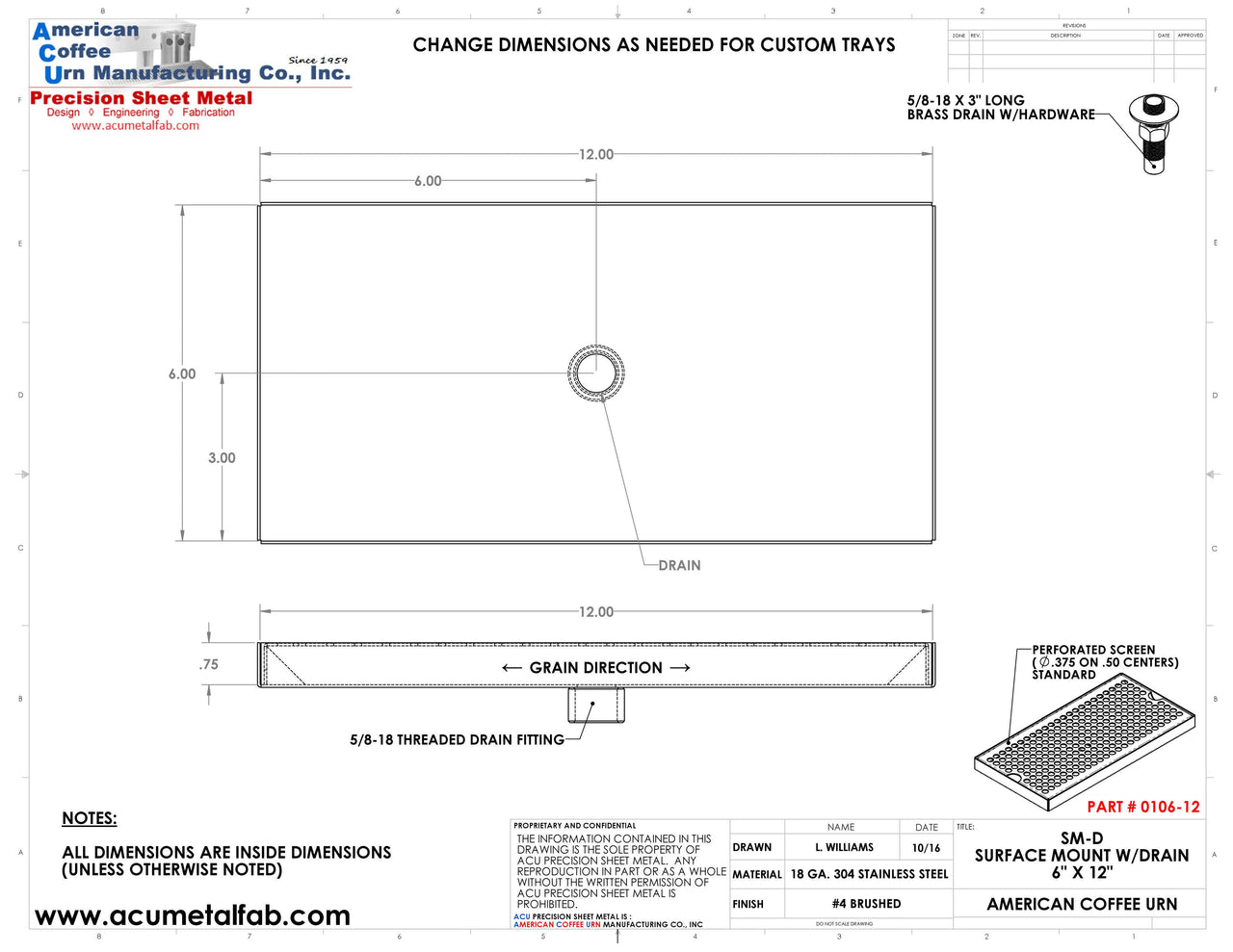 6" X 12" Surface Mount Drip Tray with Drain | S/S #4