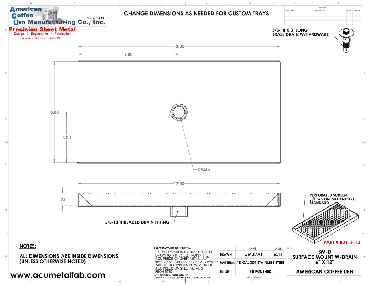 6" X 12" Surface Mount Drip Tray with Drain | S/S#8