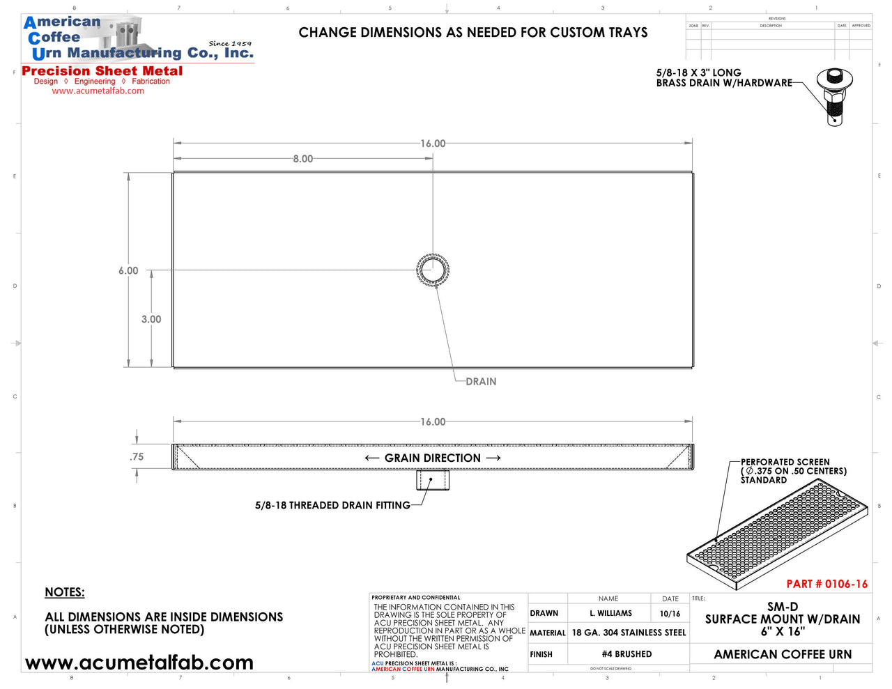 6" X 16" Surface Mount Drip Tray with Drain | S/S#4