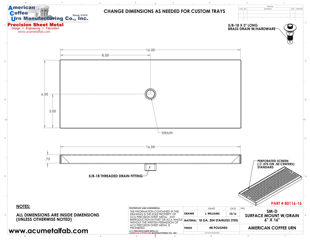 6" X 16"  Surface Mount Drip Tray with Drain | S/S#8