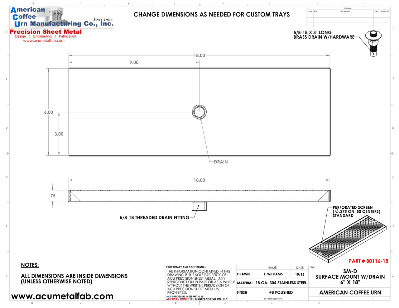 6" X 18" Surface Mount Drip Tray with Drain | S/S#8