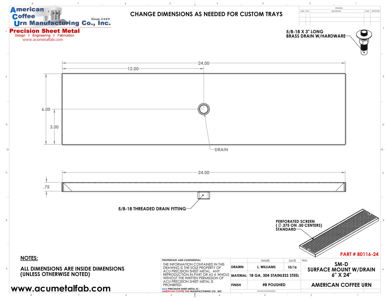 6" X 24" Surface Mount Drip Tray with Drain | S/S#8