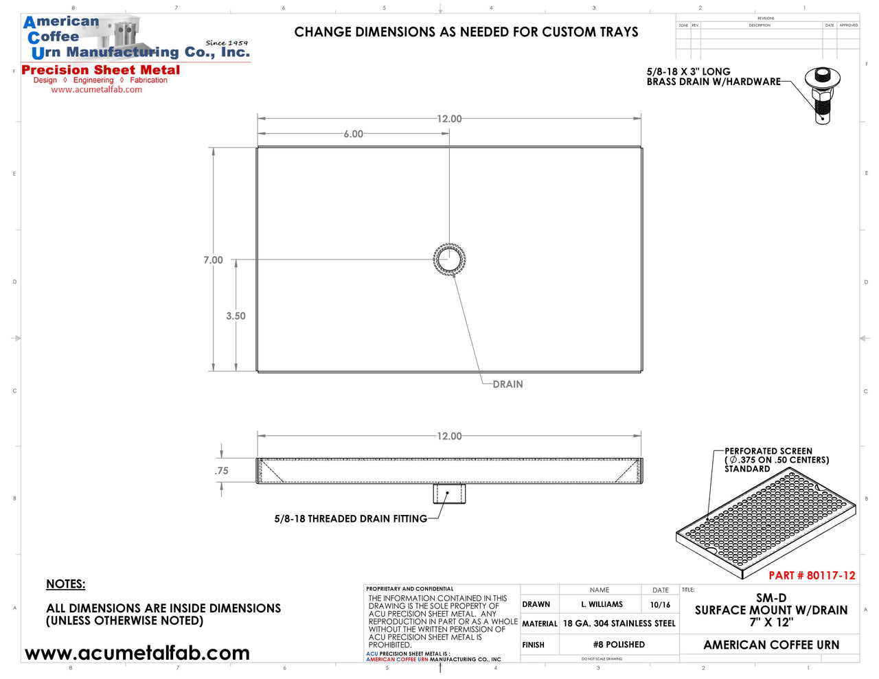 7" X 12" Surface Mount Drip Tray with Drain | S/S#8