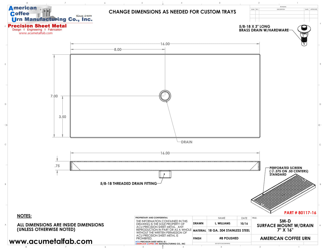 7" X 16" Surface Mount Drip Tray with Drain | S/S#8