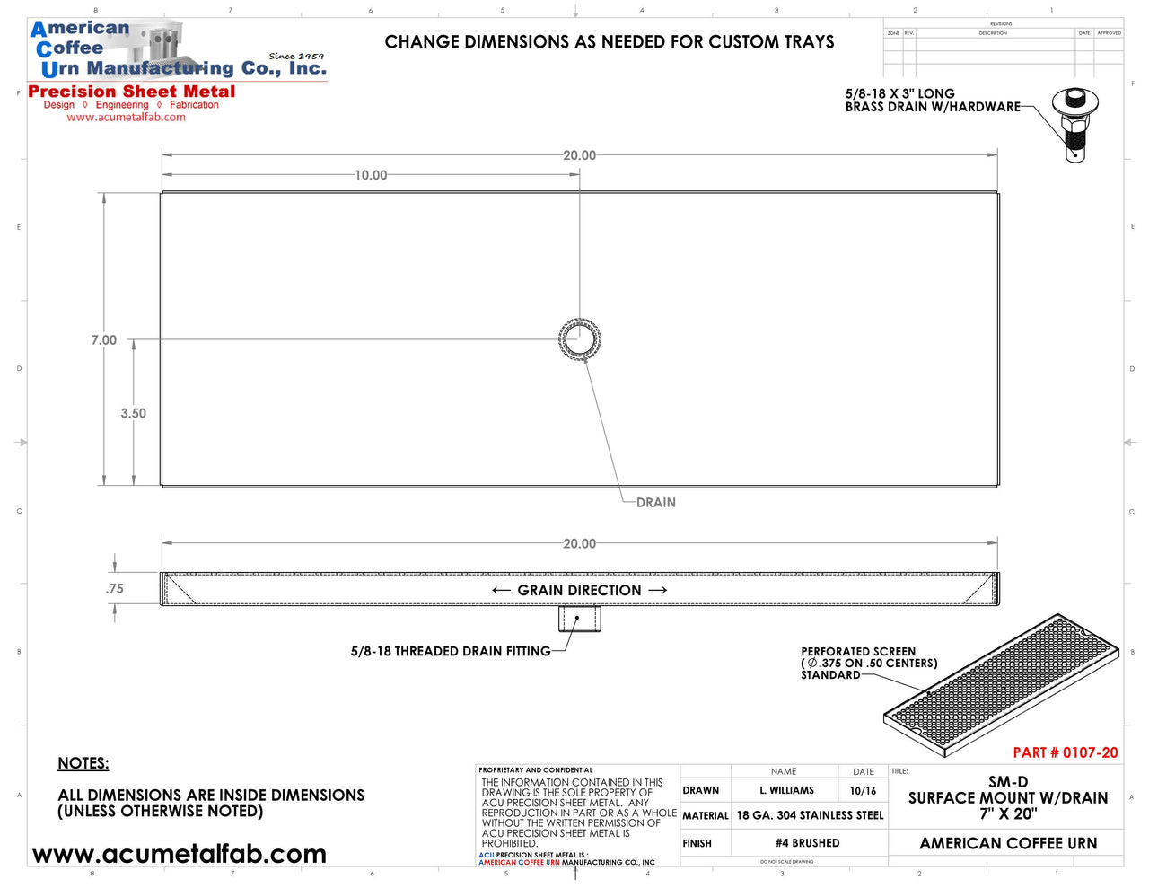 7" X 20" Surface Mount Drip Tray with Drain | S/S#4