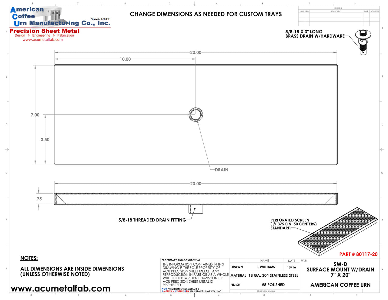 7" X 20" Surface Mount Drip Tray with Drain | S/S#8