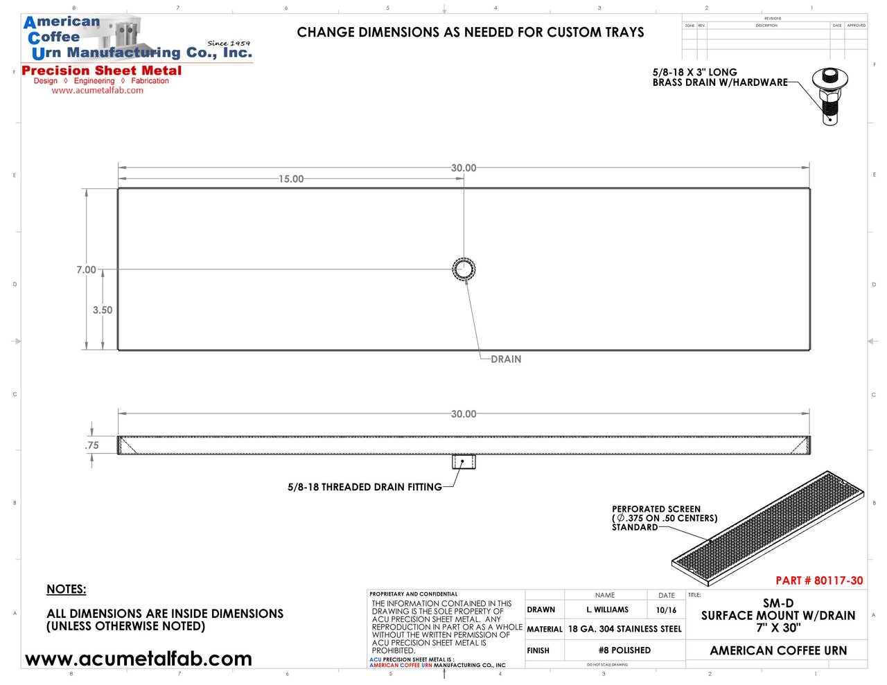 7" X 30" Surface Mount Drip Tray with Drain | S/S#8