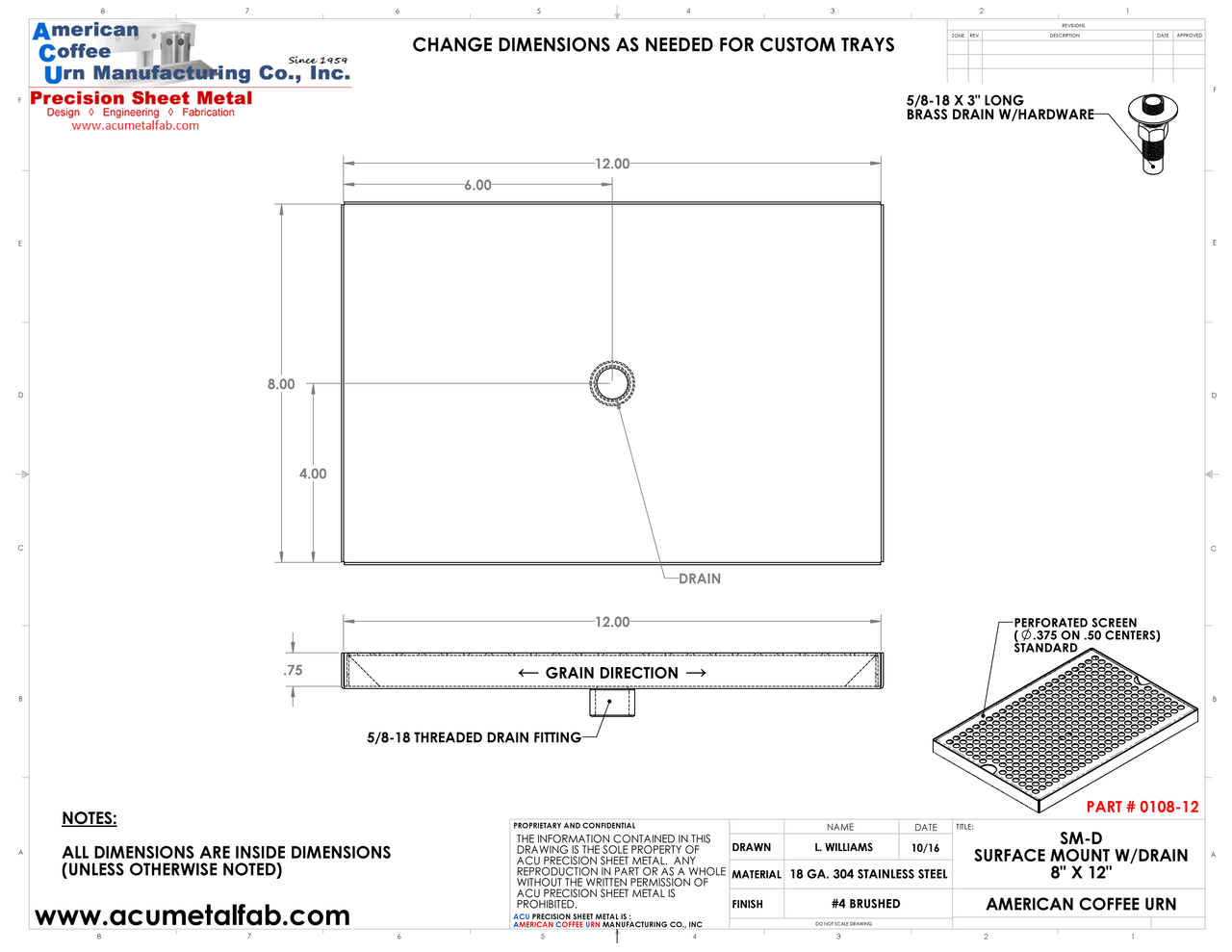 8" X 12" Surface Mount Drip Tray with Drain | S/S#4