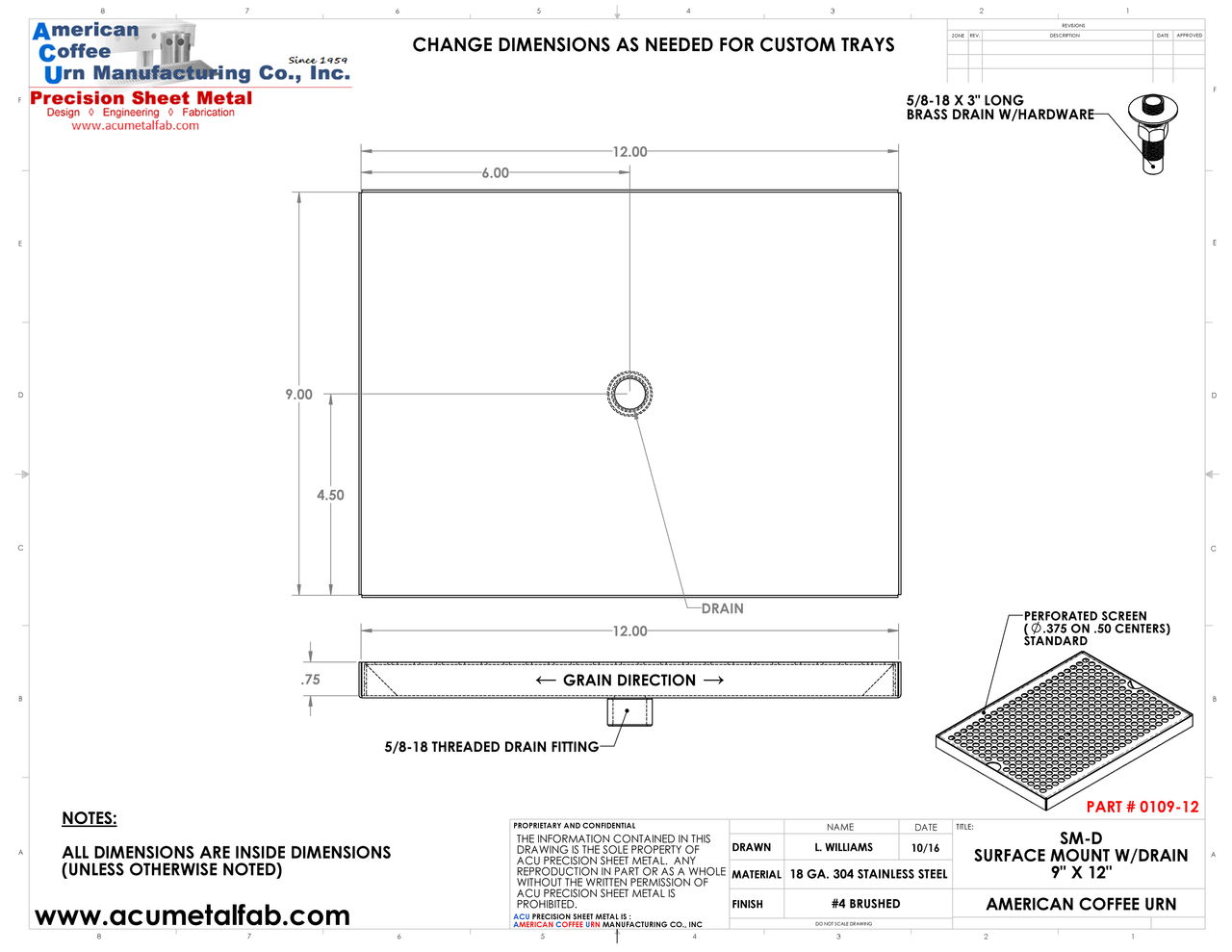 9" X 12" Surface Mount Drip Tray with Drain | S/S#4