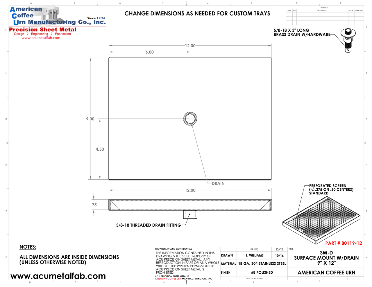 9" X 12" Surface Mount Drip Tray with Drain | S/S#8