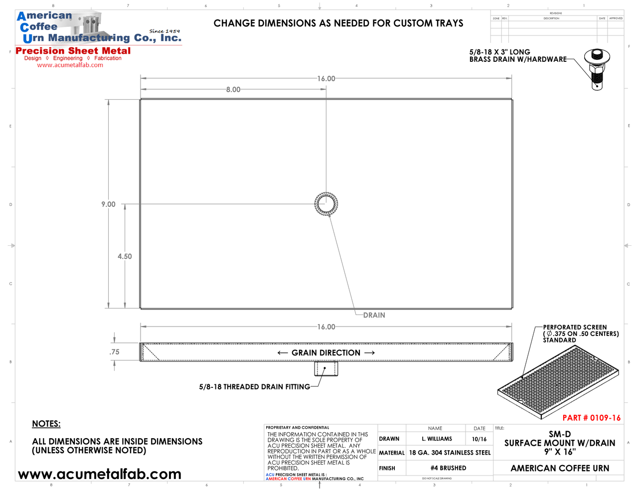 9" X 16" Surface Mount Drip Tray with Drain | S/S#4