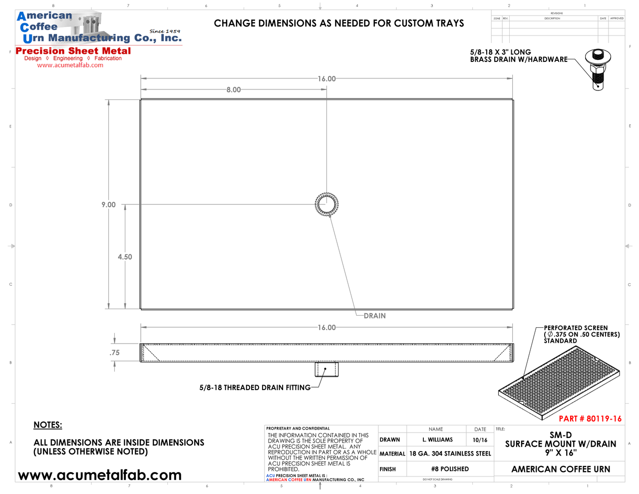 9" X 16" Surface Mount Drip Tray with Drain | S/S#8