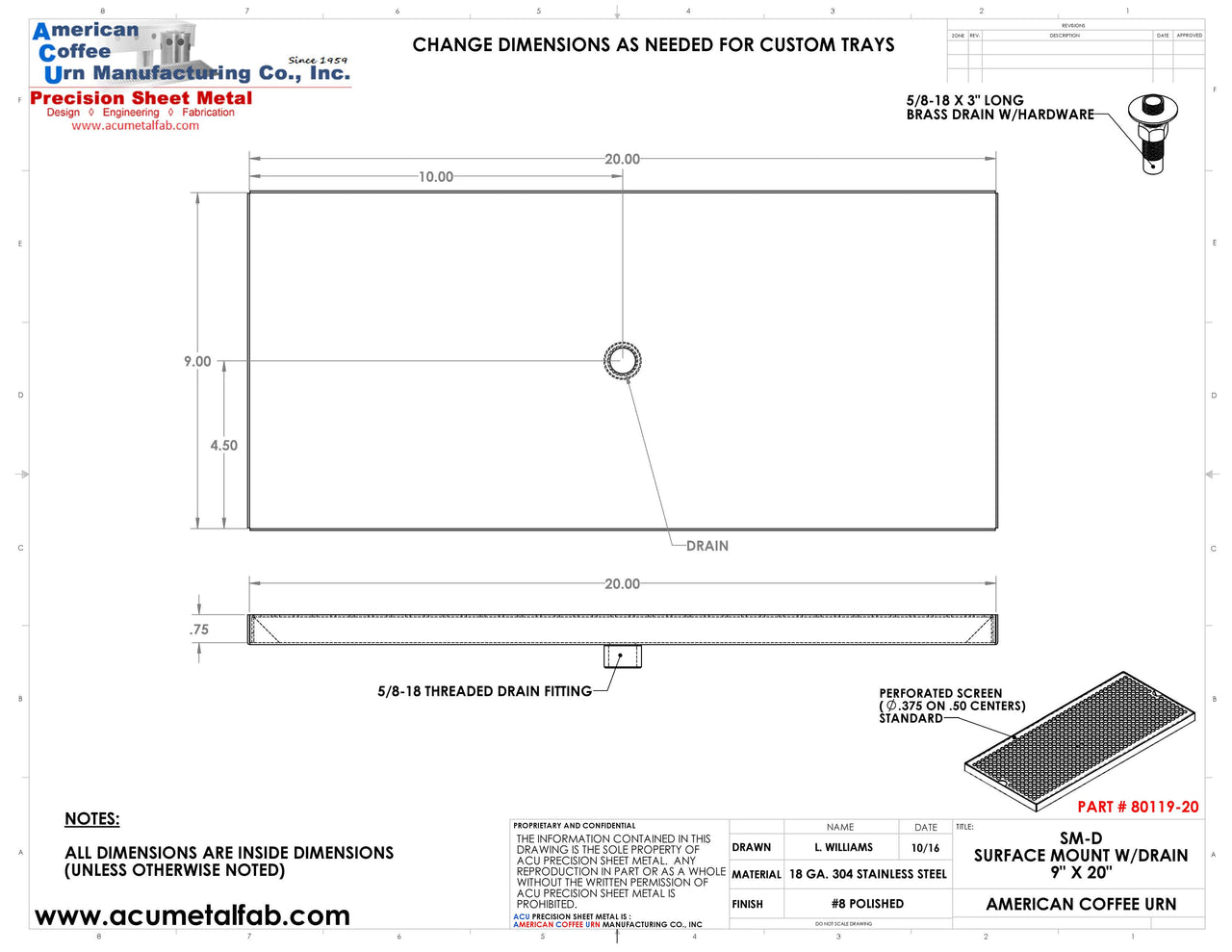 9" X 20" Surface Mount Drip Tray with Drain | S/S#8