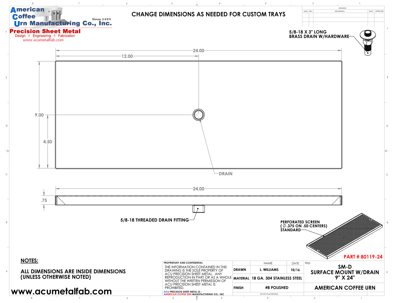 9" X 24" Surface Mount Drip Tray with Drain | S/S#8