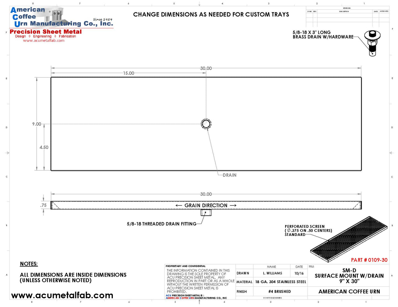 9" X 30" Surface Mount Drip Tray with Drain | S/S#4