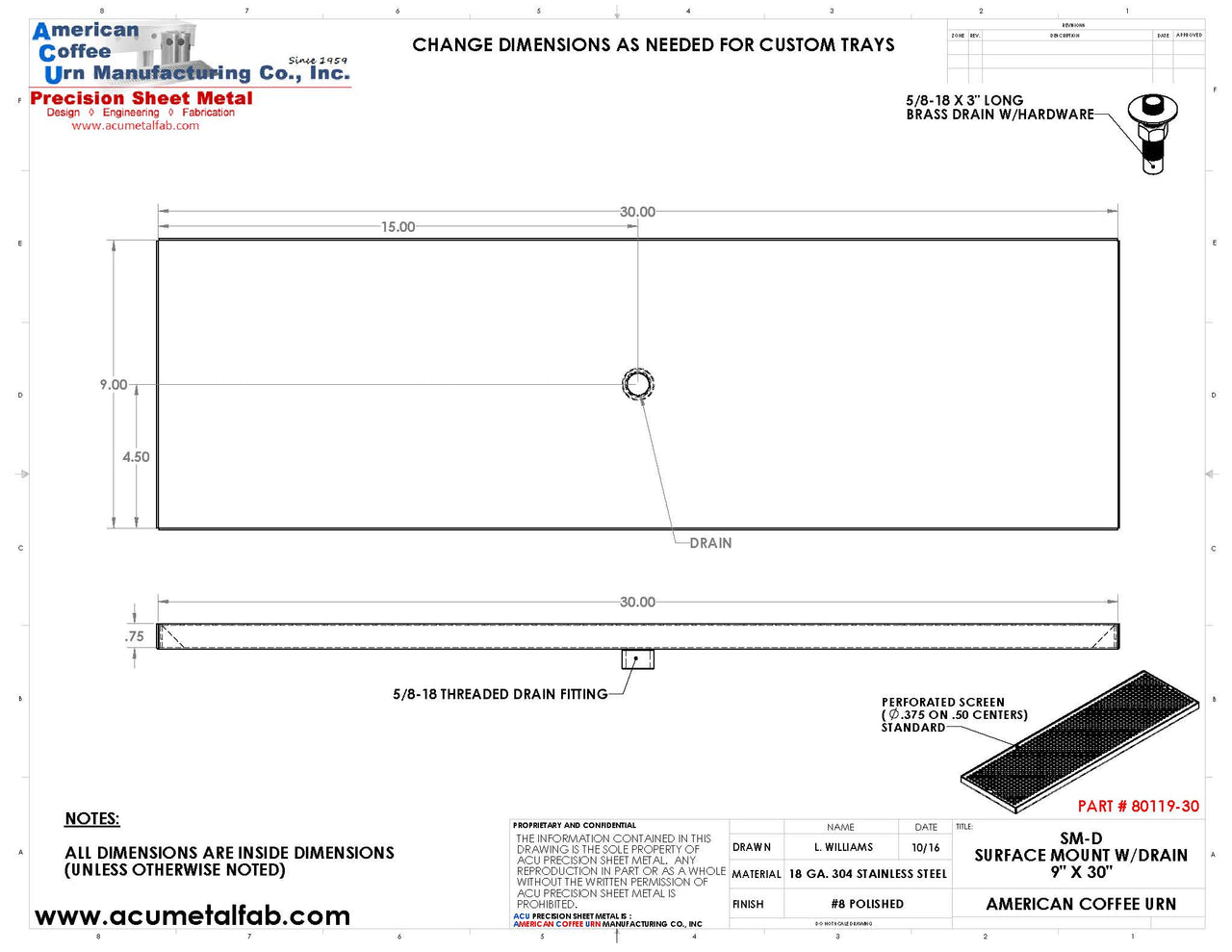 9" X 30" Surface Mount Drip Tray with Drain | S/S#8