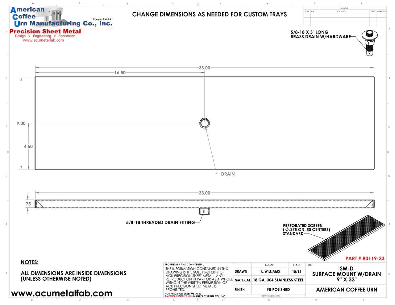 9" X 33" Surface Mount Drip Tray with Drain | S/S#8