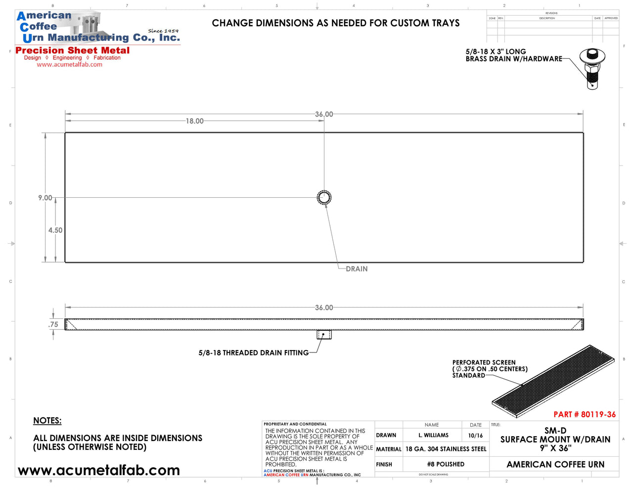 9" X 36" Surface Mount Drip Tray with Drain | S/S#8