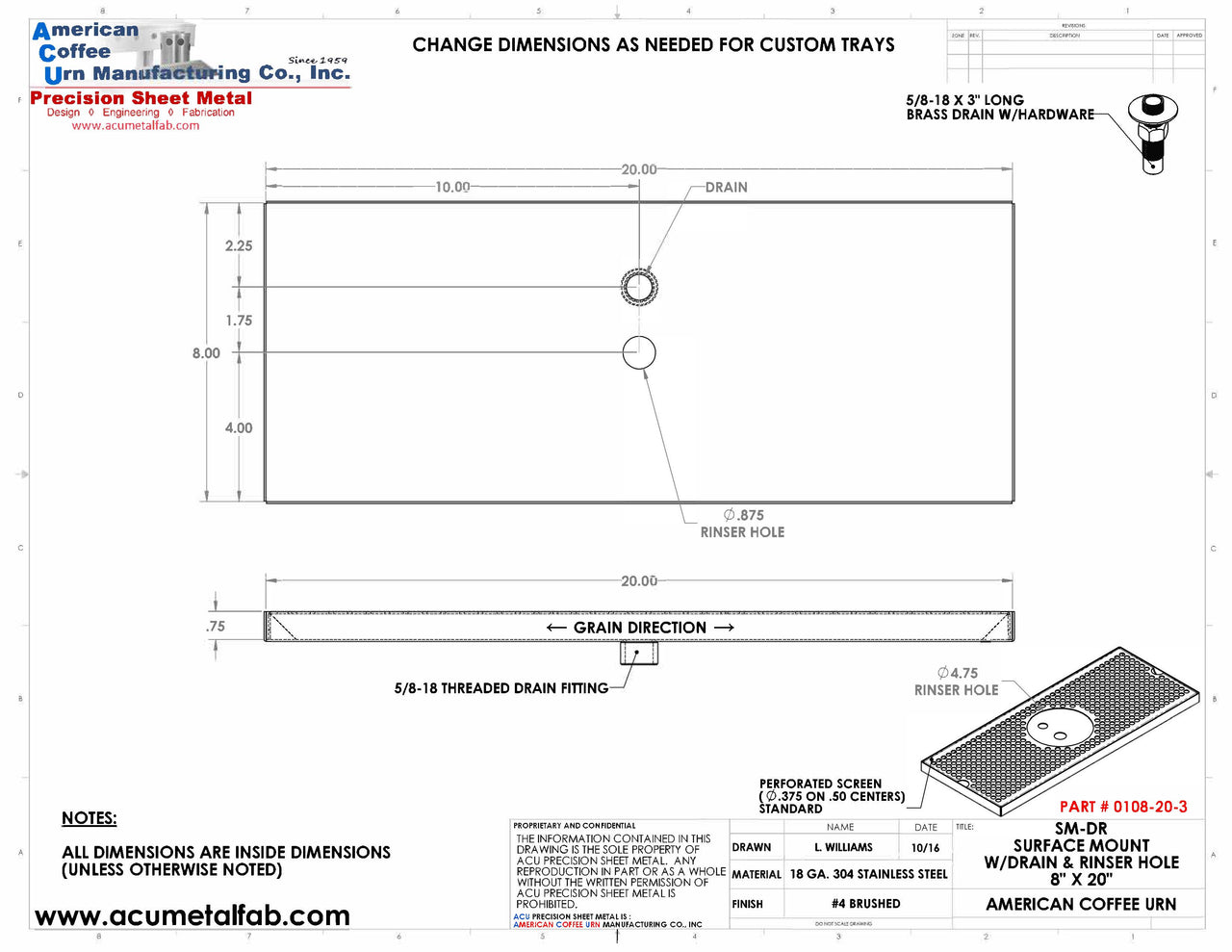 8" X 20" Surface Mount Drip Tray with Drain and Rinser Hole | S/S#4