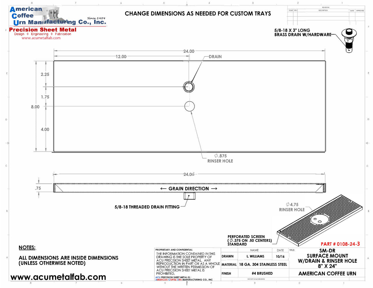 8" X 24" Surface Mount Drip Tray with Drain and Rinser Hole | S/S#4