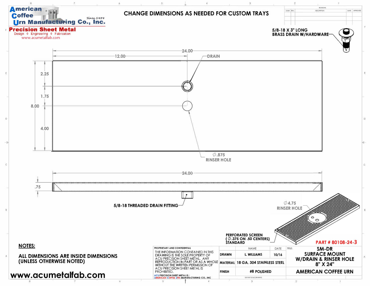 8" X 24" Surface Mount Drip Tray with Drain and Rinser Hole | S/S#8