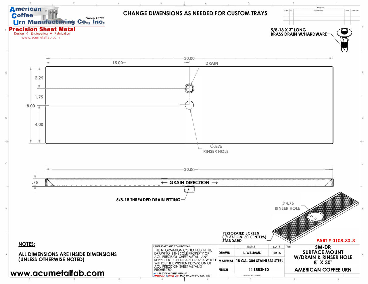 8" X 30" Surface Mount Drip Tray with Drain and Rinser Hole | S/S#4