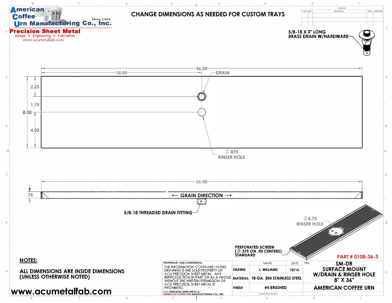 8" X 36" Surface Mount Drip Tray with Drain and Rinser Hole | S/S#4