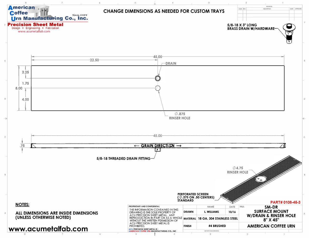 8" X 45" Surface Mount Drip Tray with Drain and Rinser Hole | S/S#4