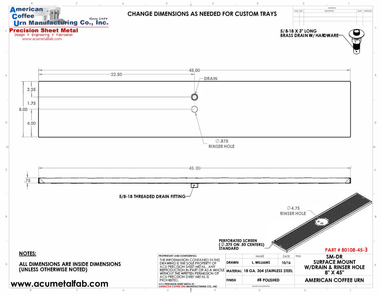 8" X 45" Surface Mount Drip Tray with Drain and Rinser Hole | S/S#8