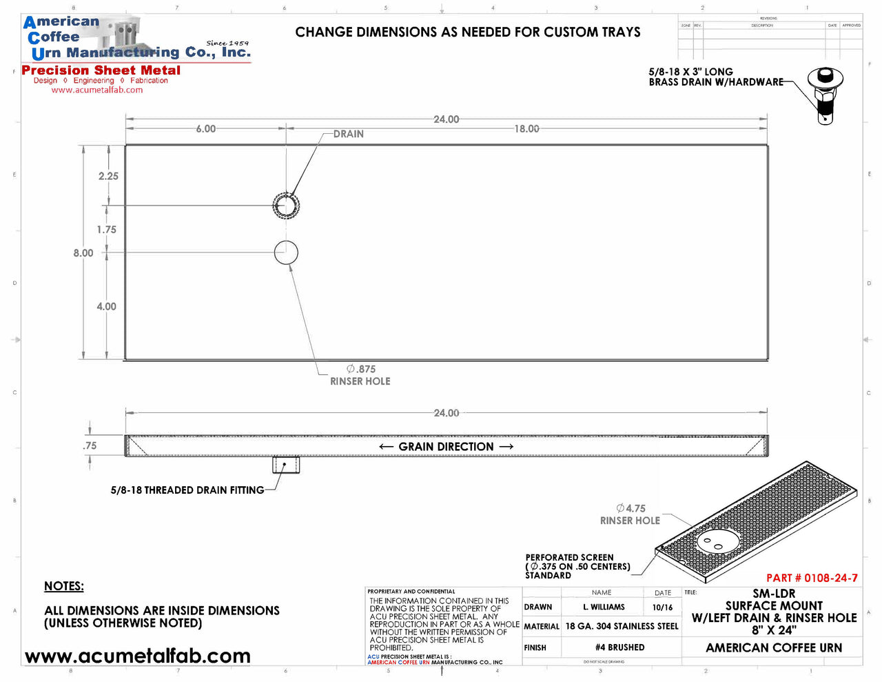 8" X 24" Surface Mount Drip Tray with Drain and Left Rinser Hole | S/S#4