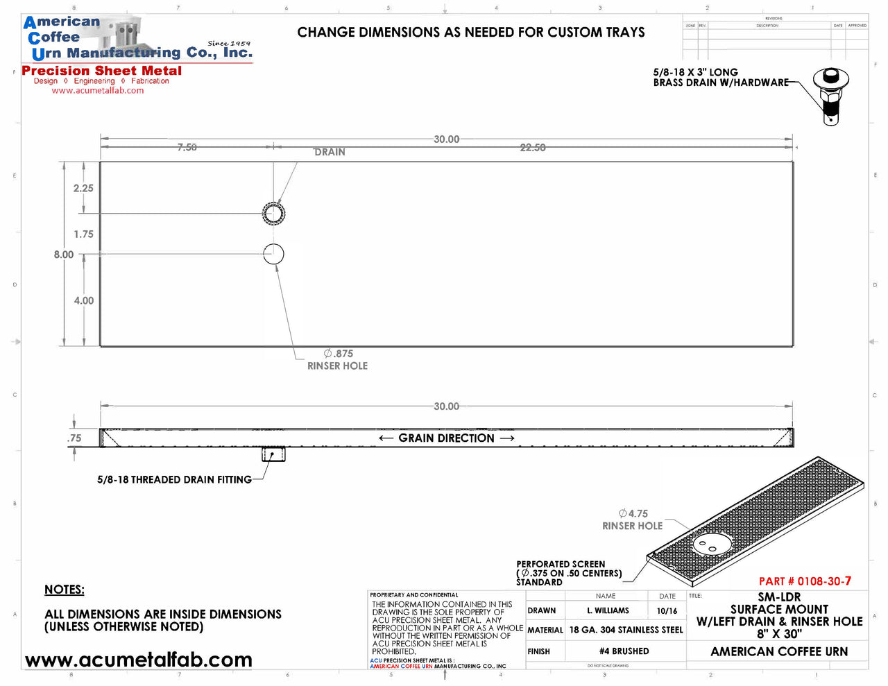 8" X 30" Surface Mount Drip Tray with Drain and Left Rinser Hole | S/S#4