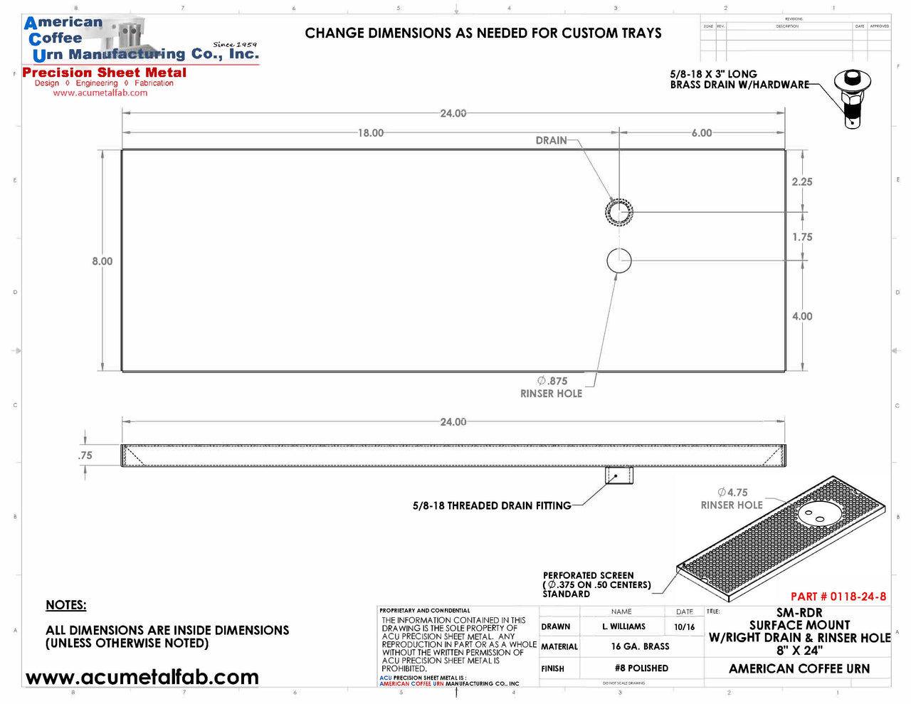 8" X 24" Surface Mount Drip Tray with Drain and Right Rinser Hole | Brass