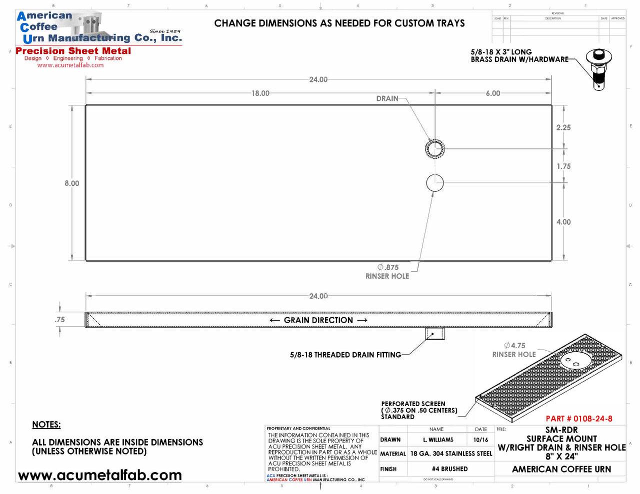 8" X 24" Surface Mount Drip Tray with Drain and Right Rinser Hole | S/S#4