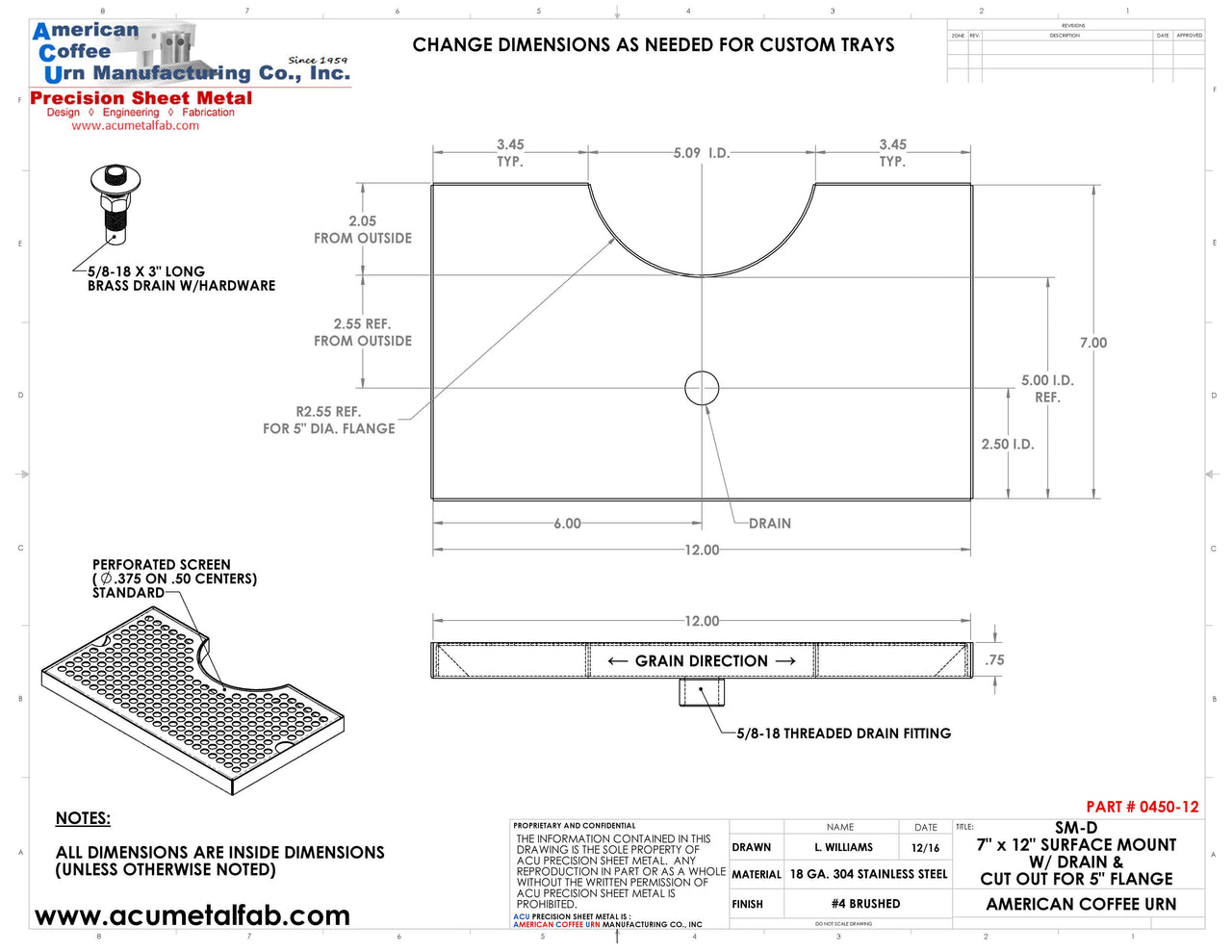 Surface Mount Drip Tray with Cut Out and Drain | 7" X 12" X ¾" | 5" Flange | SS #4