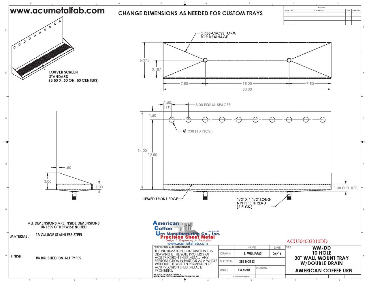 Wall Mount Drip Tray with Double Drains | 6-3/8" X 30" X 14" X 1" | S/S # 4 | 10 Faucet Holes