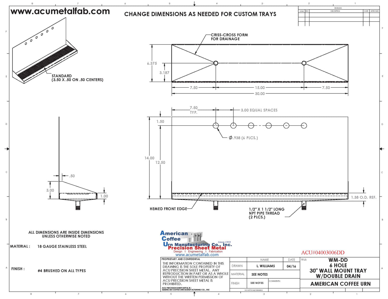 Wall Mount Drip Tray with Double Drains | 6-3/8" X 30" X 14" X 1" | S/S # 4 | 6 Faucet Holes