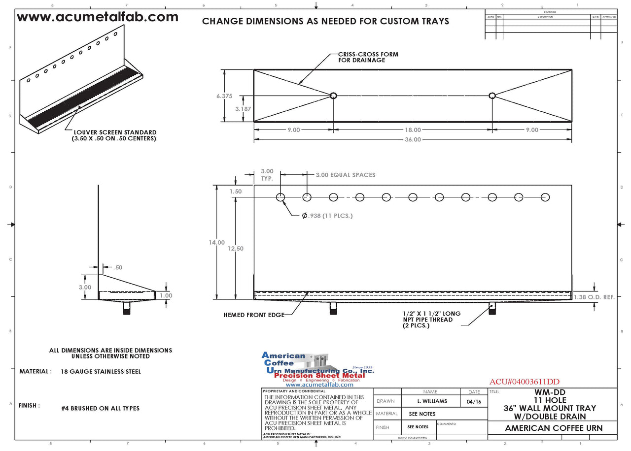 Wall Mount Drip Tray with Double Drains | 6-3/8" X 36" X 14" X 1" | S/S # 4 | 11 Faucet Holes