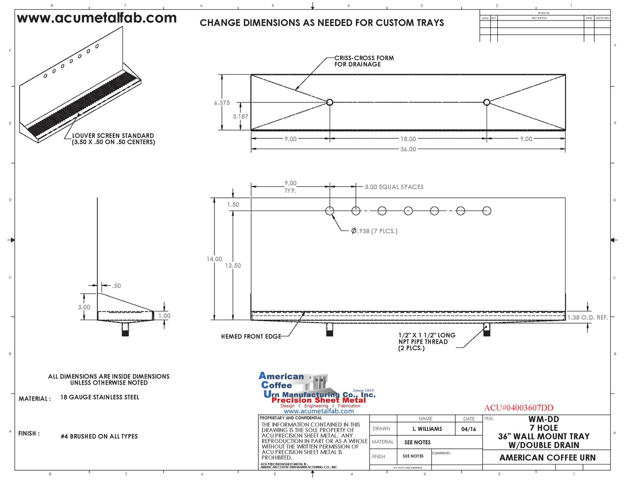 Wall Mount Drip Tray with Double Drains | 6-3/8" X 36" X 14" X 1" | S/S # 4 | 7 Faucet Holes