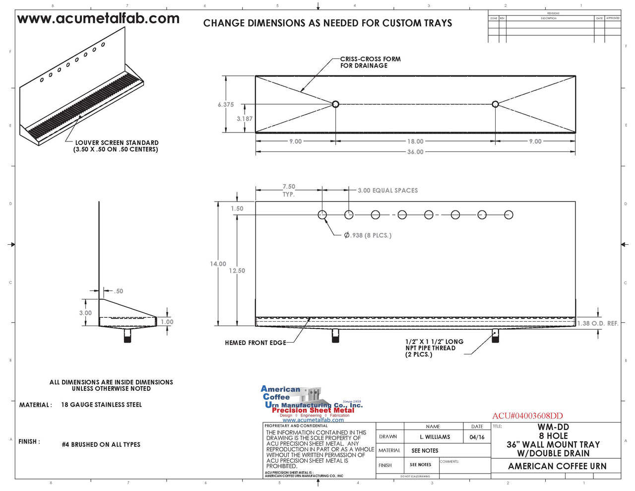 Wall Mount Drip Tray with Double Drains | 6-3/8" X 36" X 14" X 1" | S/S # 4 | 8 Faucet Holes